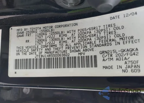 2005 Toyota 4Runner Sr5 V6 из США, поврежденный, VIN JTEBU14R550063822